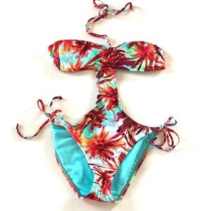 Surfside Floral cut out one piece halter tie neck bandeau bikini, Size L
